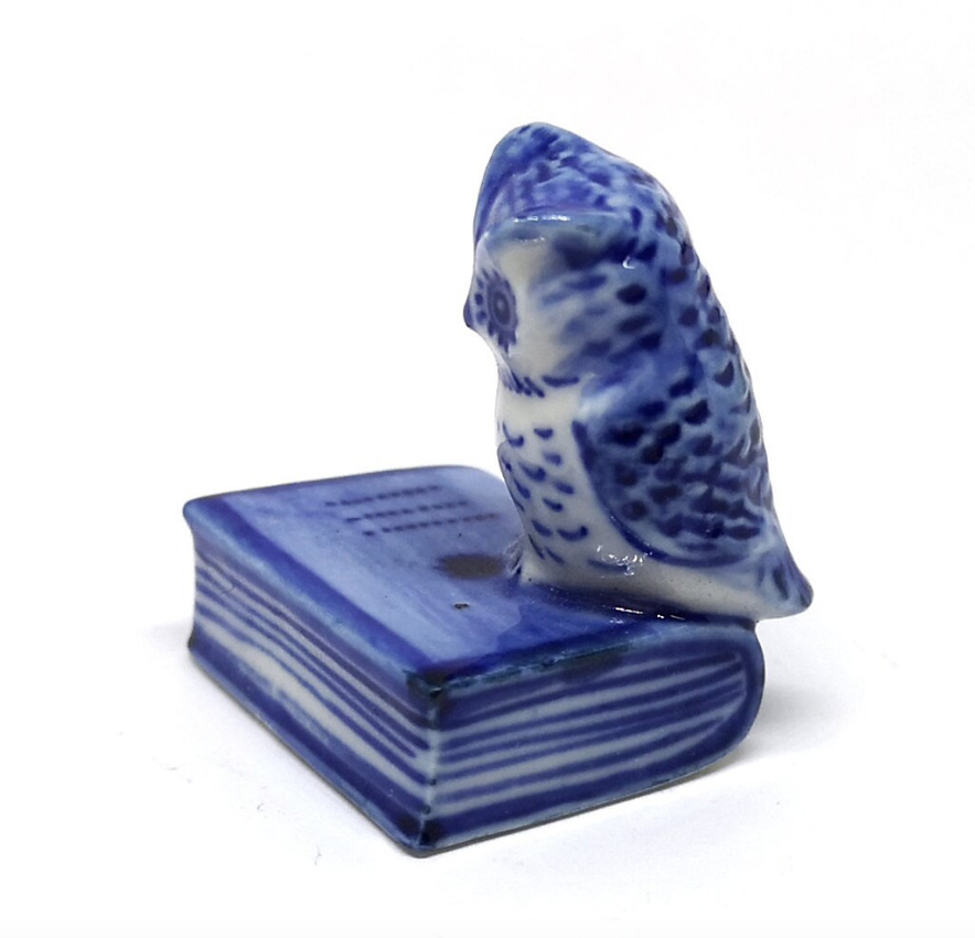 Blue Owl Bird On the Book Figurine Ceramic Tiny Handicraft Miniature Dollhouse