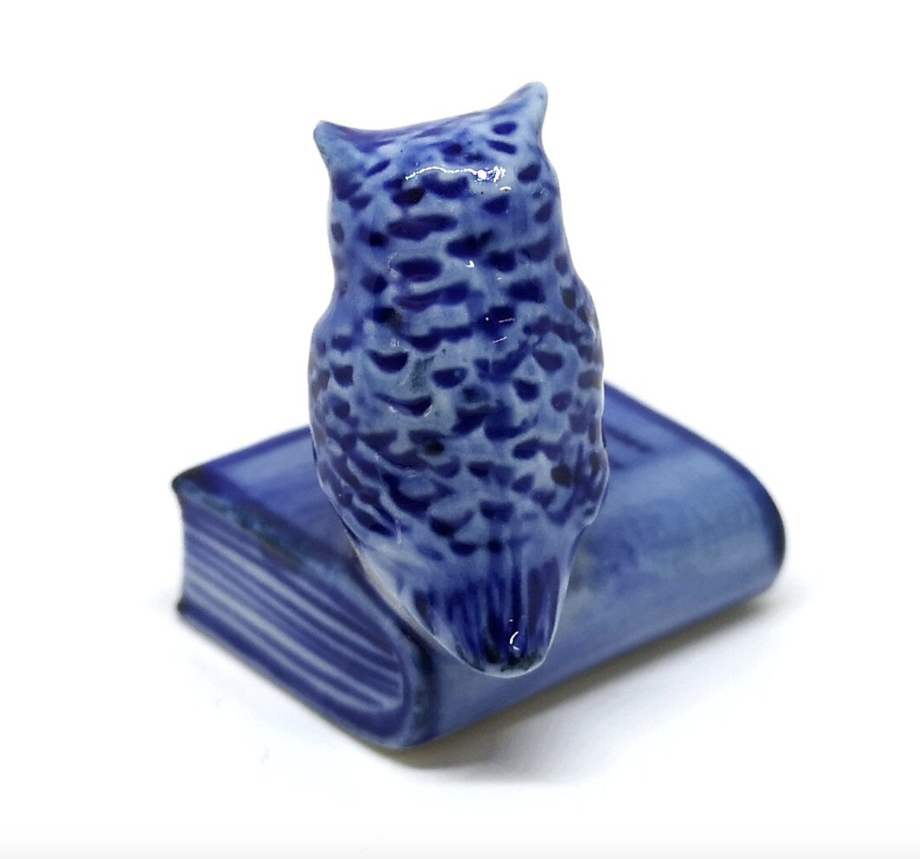 Blue Owl Bird On the Book Figurine Ceramic Tiny Handicraft Miniature Dollhouse