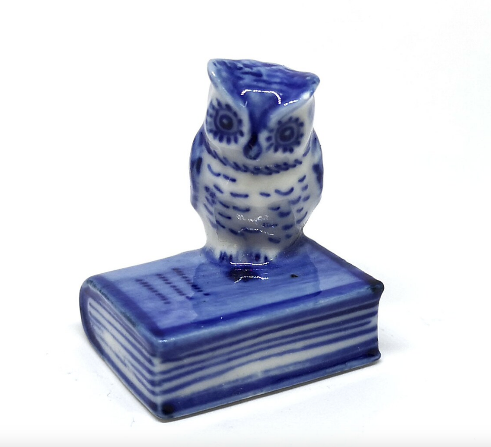 Blue Owl Bird On the Book Figurine Ceramic Tiny Handicraft Miniature Dollhouse