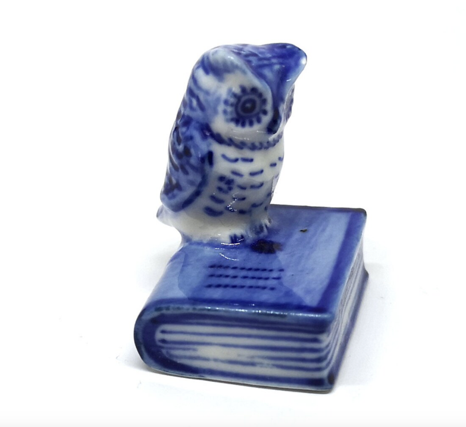 Blue Owl Bird On the Book Figurine Ceramic Tiny Handicraft Miniature Dollhouse