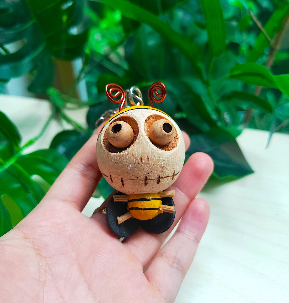 Cute Mini Genuine Leather & Wood Miniature Keychain Ring Handcrafted