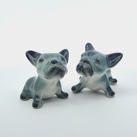 2 French Bulldog Porcelin Ceramic Miniature Figurine Collectible Dog Puppy Decor