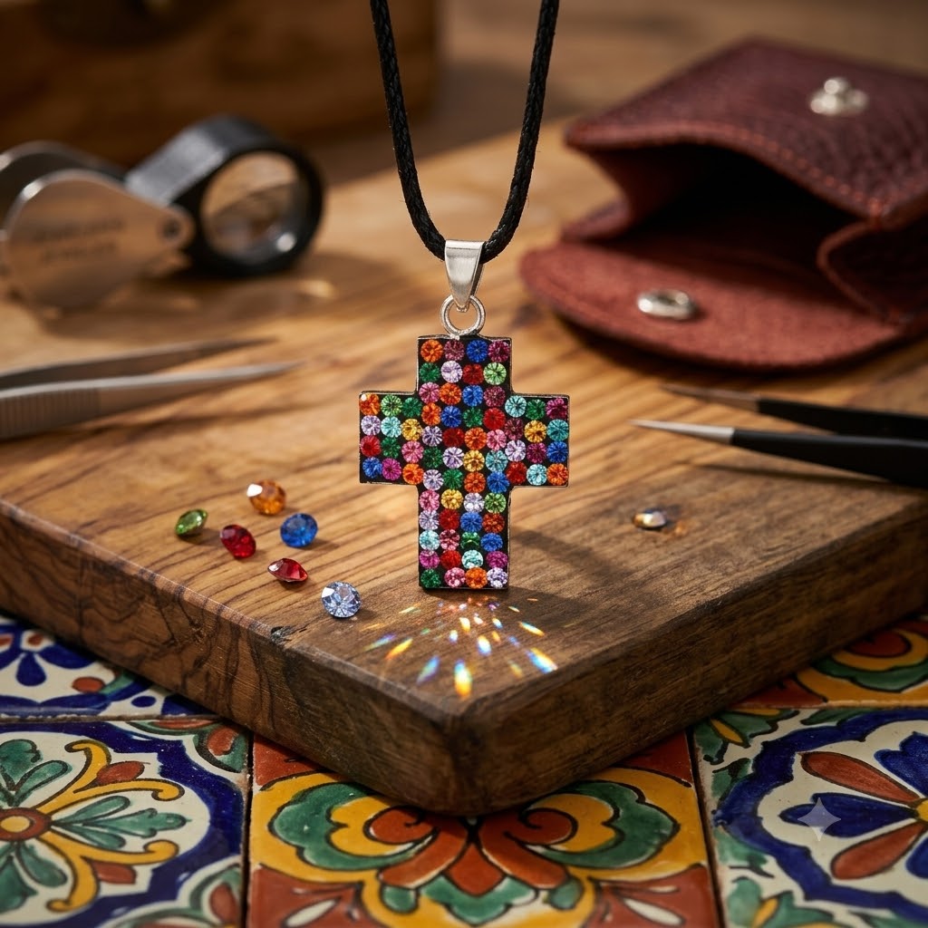 Elegant Multicolor Rhinestone Cross Charm 92.5 Sterling Silver Necklace Pendant Jewelry