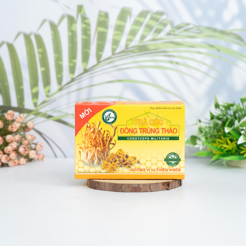 Vinh Xuan Cordyceps Militaris Instant Tea 210g (Box of 15 packs x 14g) - Soluble Rice Package - Enhances Immunity - Reduces Fatigue - Vinxupharma