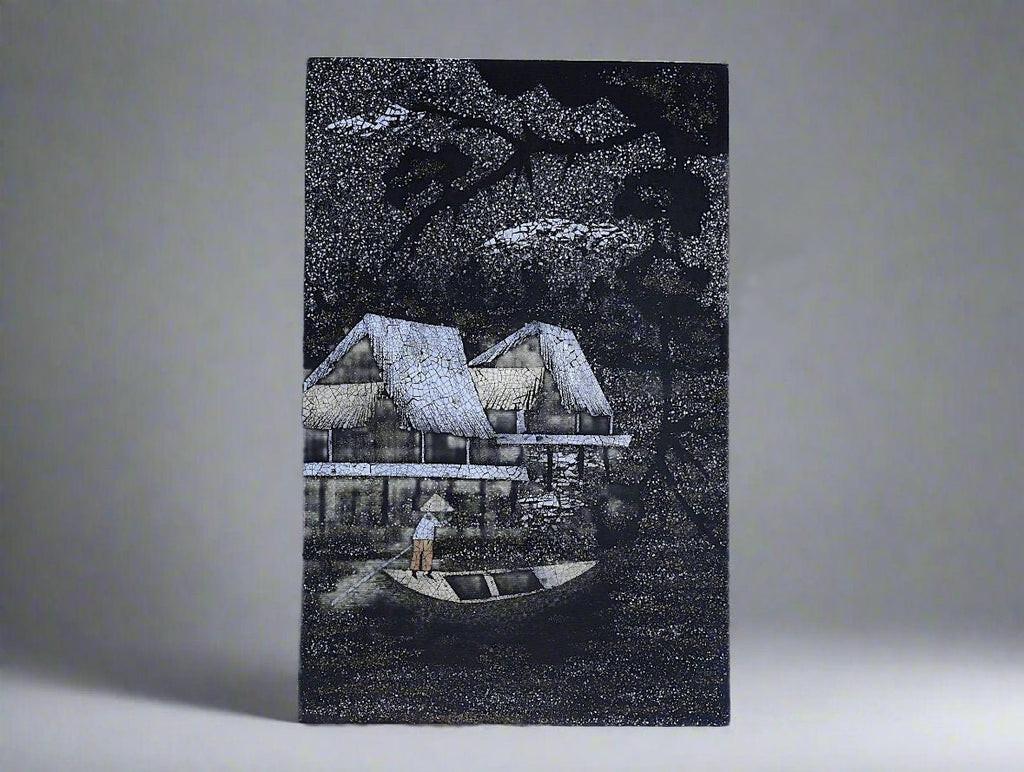 Vietnamese Handmade Lacquer Painting With Eggshell Inlay