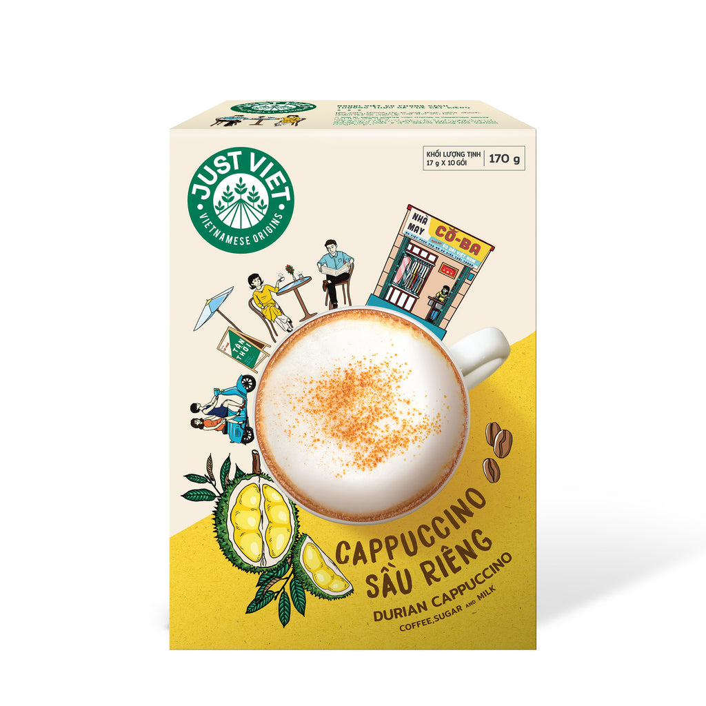 Just Viet_ Coconut & Durian Cappuccino Coffee- Authentic Vietnamese Taste - Naturally Rich Blend - BOX of 10 PACKS x 17g