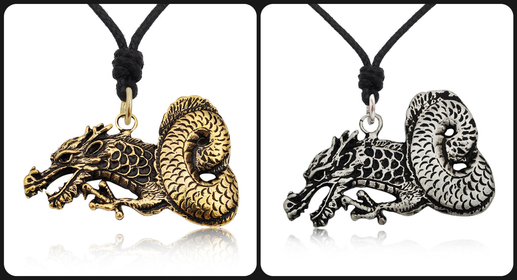 Spiral Tail Dragon Silver Pewter Gold Brass Charm Necklace Pendant Jewelry
