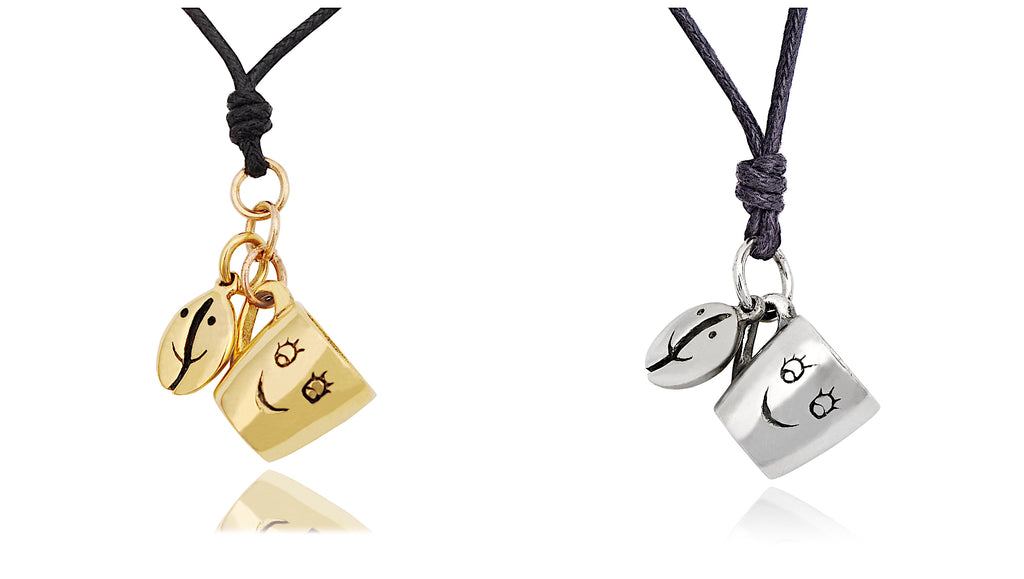 Coffee Bean Cup Mug Sterling Silver Pewter Gold Brass Necklace Pendant Jewelry