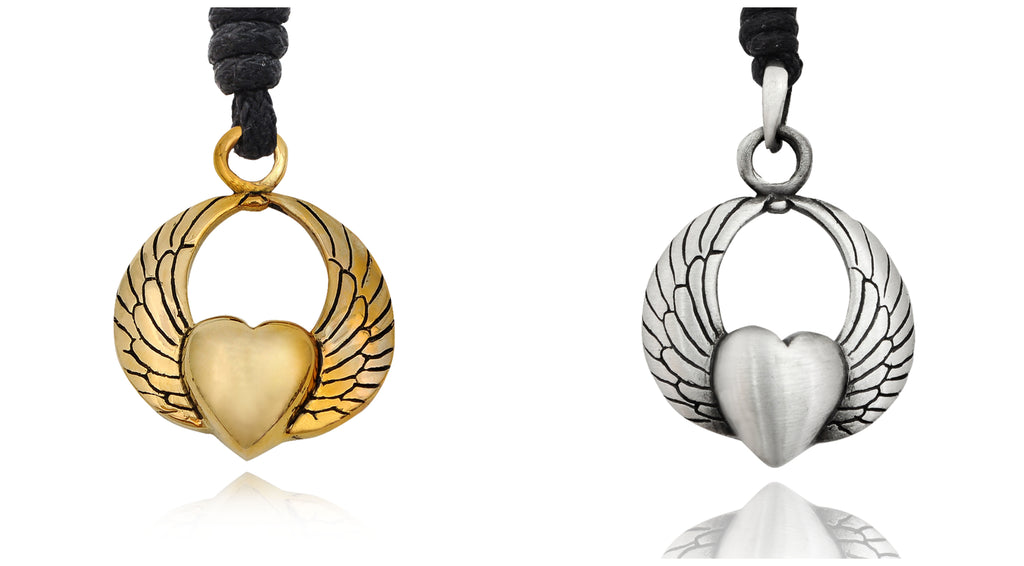New Heart With Wings Silver Pewter Gold Brass Charm Necklace Pendant Jewelry