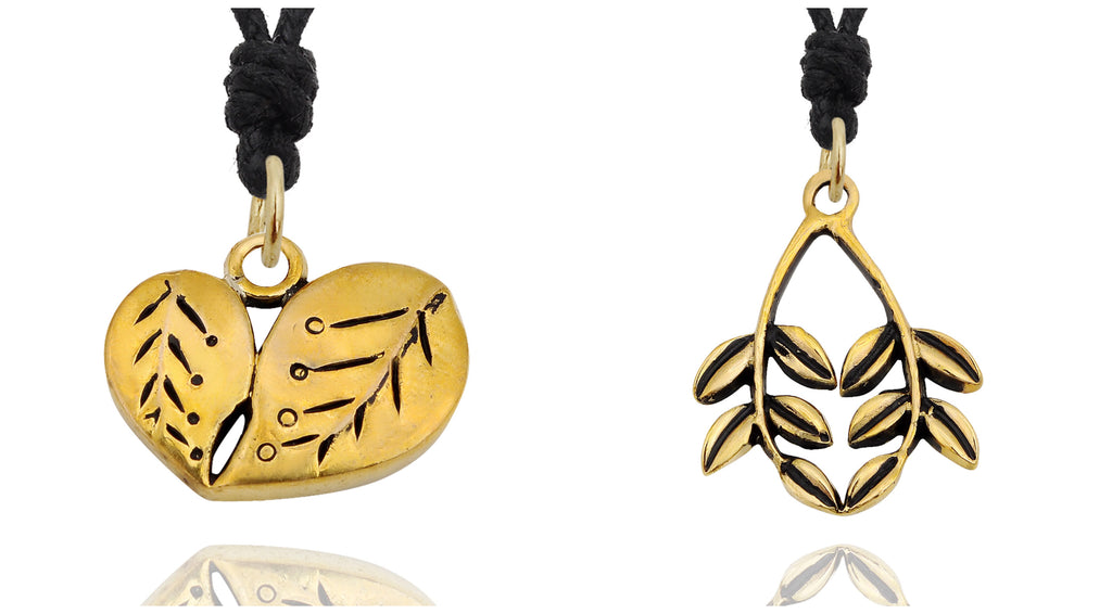 Cute Couple Leaves Handmade Gold Brass Necklace Pendant Jewelry