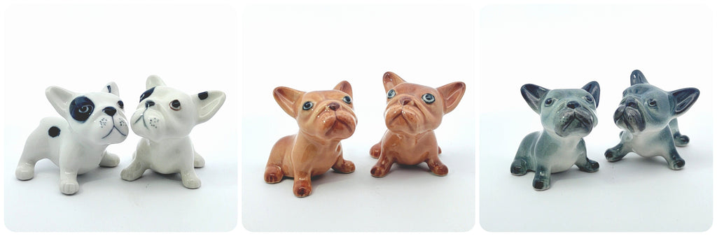 2 French Bulldog Porcelin Ceramic Miniature Figurine Collectible Dog Puppy Decor