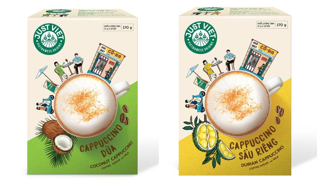 Just Viet_ Coconut & Durian Cappuccino Coffee- Authentic Vietnamese Taste - Naturally Rich Blend - BOX of 10 PACKS x 17g