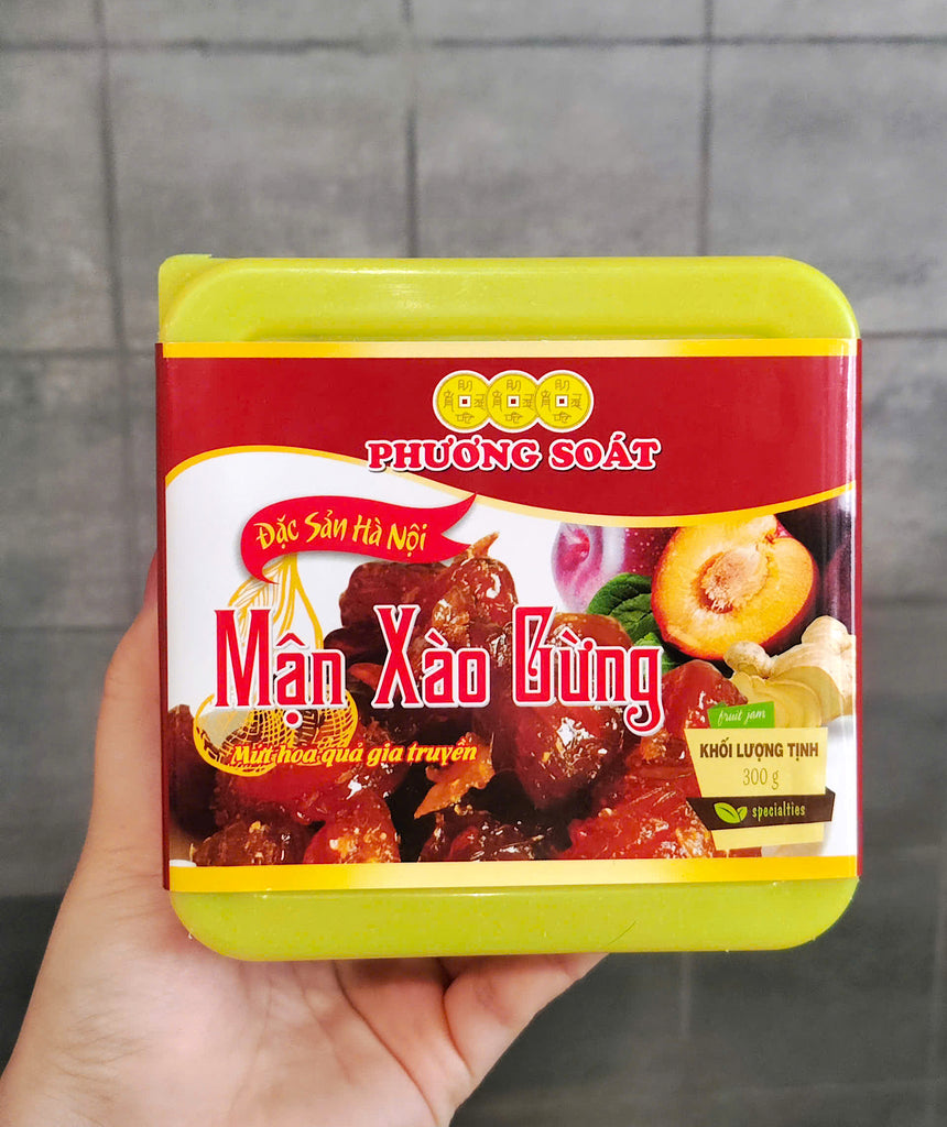 Phuong Soat Dried Candied Fruit Box With Variety Flavours Sau Gion, Peach & Plums with Ginger 300g Mứt Đào Non Đỏ, Mận xào gừng, sấu giòn