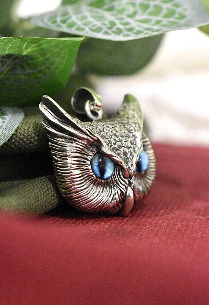 Vintage Gothic Owl Blue Eyes Large Size Sterling Silver Gold Brass Pendant Necklace
