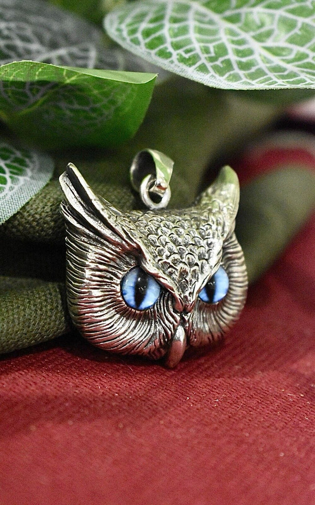 Vintage Gothic Owl Blue Eyes Large Size Sterling Silver Gold Brass Pendant Necklace