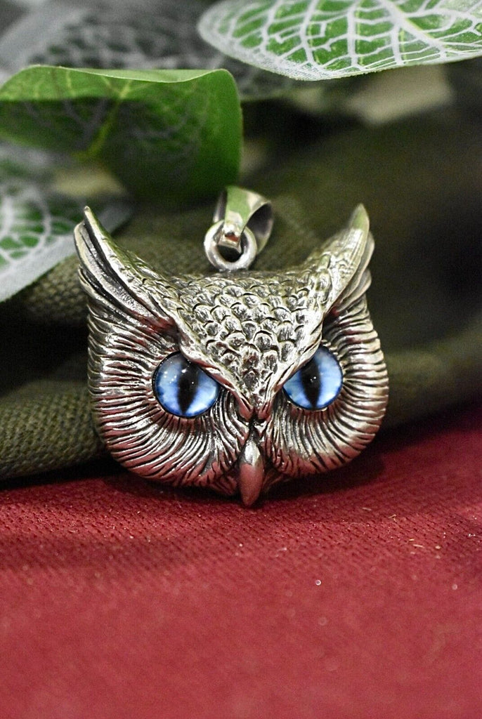 Vintage Gothic Owl Blue Eyes Large Size Sterling Silver Gold Brass Pendant Necklace