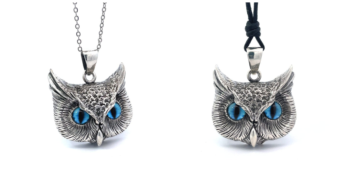 Vintage Gothic Owl Blue Eyes Large Size Sterling Silver Pendant Necklace