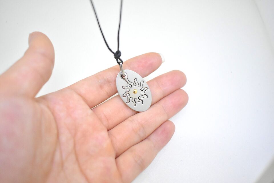 Small Sun In Oval Shape Stainless Steel & 18K Gold Necklace Pendant Jewelry