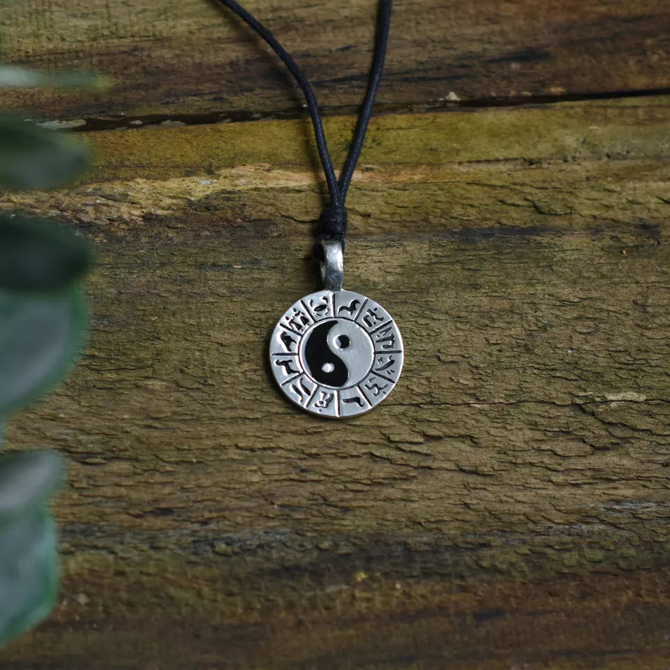 Yin Yang Astrology Horoscope Silver Pewter Charm Necklace Pendant Jewelry