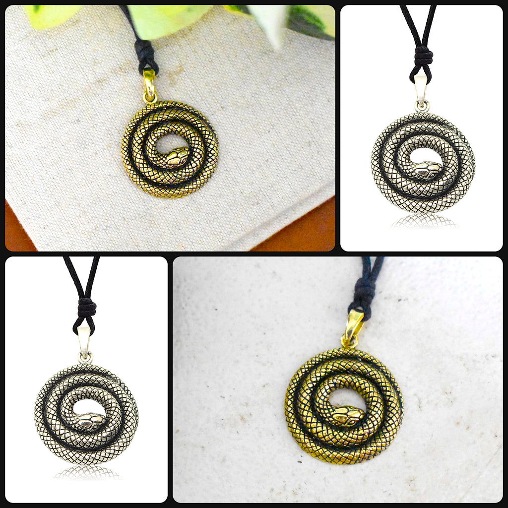 Snake Lying In Circle 92.5 Sterling Silver Gold Brass Charm Necklace Pendant Jewelry