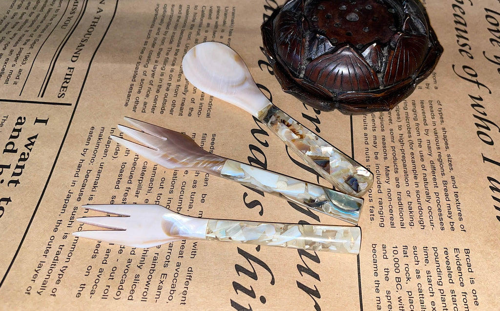 Handcrafted Natural Unique Vietnamese Resin Mother Of Pearl Spoons & Fork