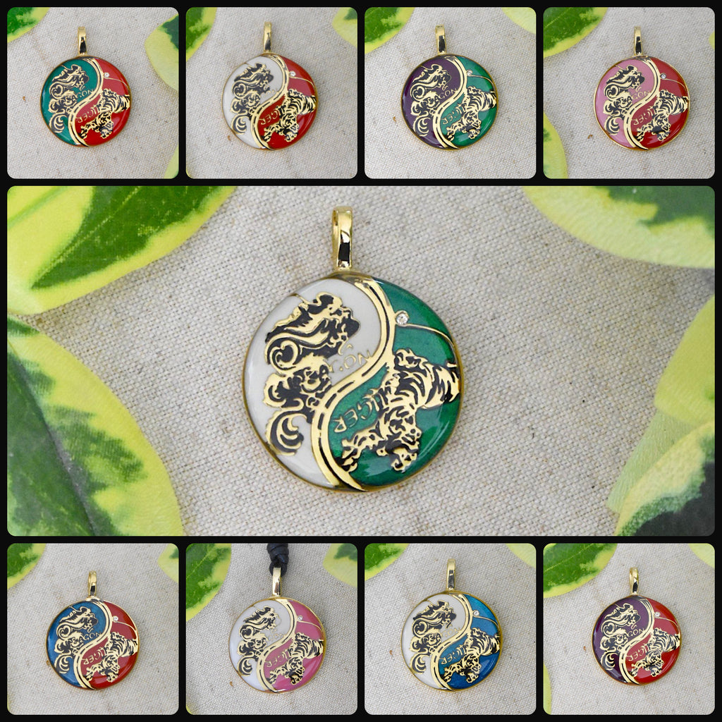 Tiger Dragon Colorful Yin Yang Handmade Brass Necklace Pendant Feng Shui Jewelry