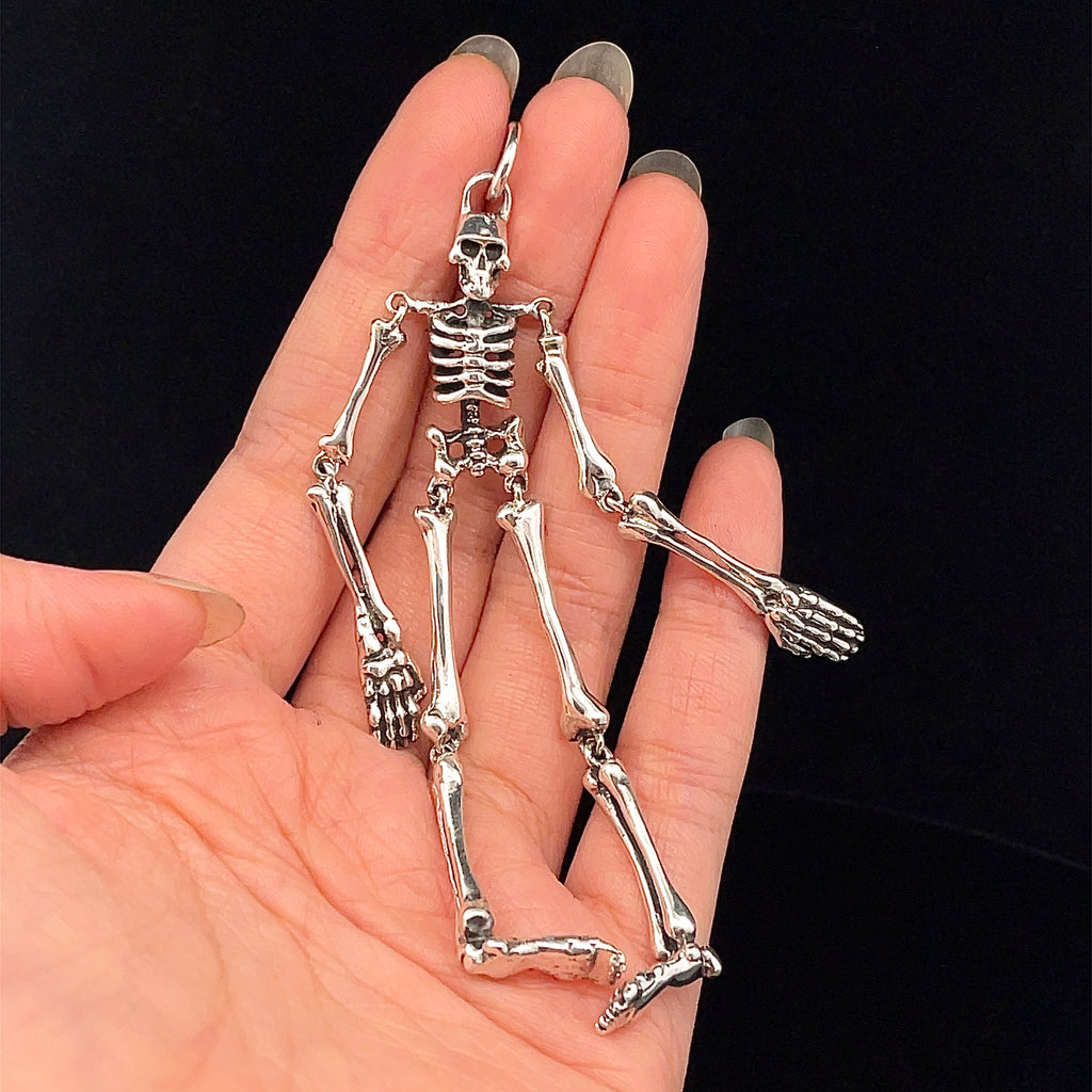 925 Sterling Moving Skeleton Dangling Pendant & Necklace Handmade Skull Jewelry