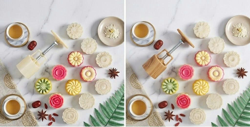 Mooncake Mould Set 50g – 6 Pattern Hand-Press Pastry Tools, Round Flower Mooncake Design
