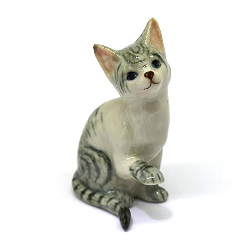 ZOOCRAFT Collectible Ceramic Tabby Cat Figurine Gray Collectible Dollhouse Miniatures Gift for Cat Lovers