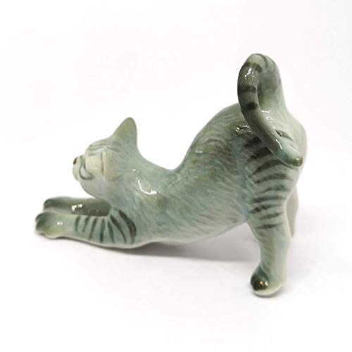 Collectible Gray & Brown Yoga Cat Figurine Ceramic Hand-Painted Home Decor