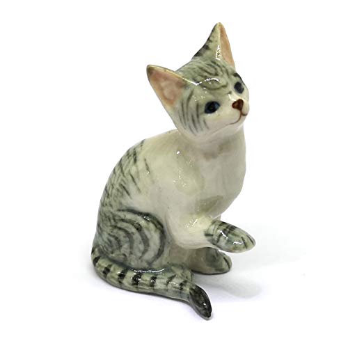ZOOCRAFT Collectible Ceramic Tabby Cat Figurine Gray Collectible Dollhouse Miniatures Gift for Cat Lovers