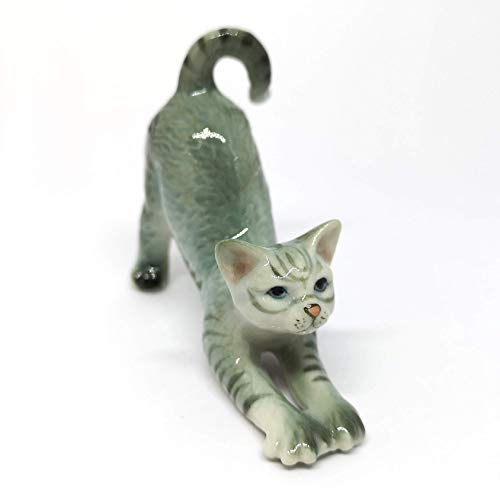 Collectible Gray & Brown Yoga Cat Figurine Ceramic Hand-Painted Home Decor
