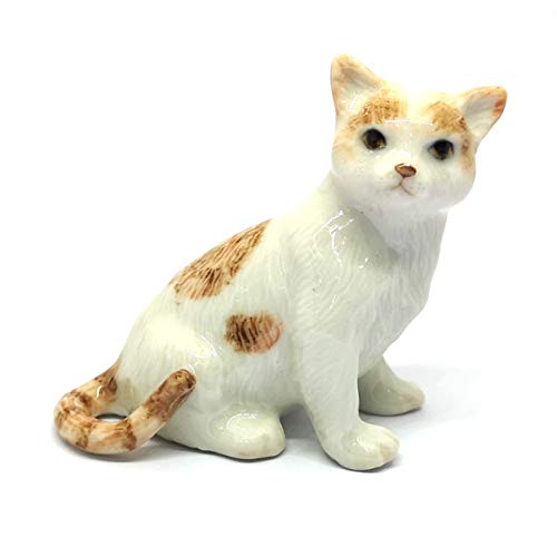 ZOOCRAFT Ceramic Cat Figurine Porcelain Handmade Miniatures Collectible White Brown Sitting