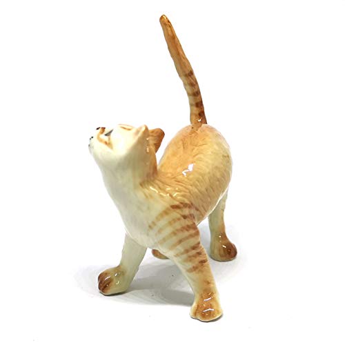 Ceramic Cat Figurine Collectible Stretching Brown Kitty Hand Painted Animal Miniature Home Decor