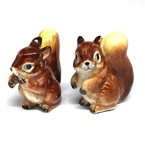 Set of 2 Squirrel Figurine Ceramic Gift Collectibles Hand Painted Terrarium Garden Decor Set of 2
