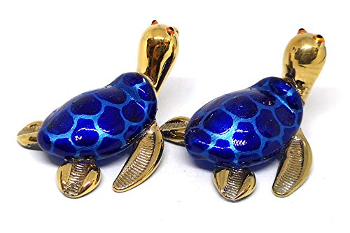 ZOOCRAFT Collectible Hand Blown Glass Figurine Turtle Coastal Beach Home Decor Marine Life Blue and Gold Trim Set of 2