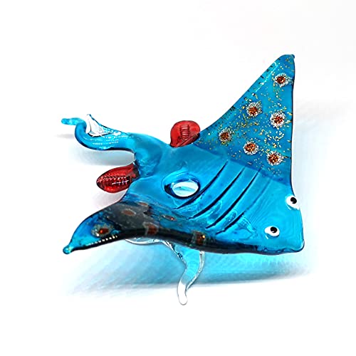 ZOOCRAFT Glass Stingray Figurine Blue Hand Blown Art Sealife Ornament Collectible Miniature Aquarium Coastal Decor, 3.0 x 3.1 x 1.3 inches