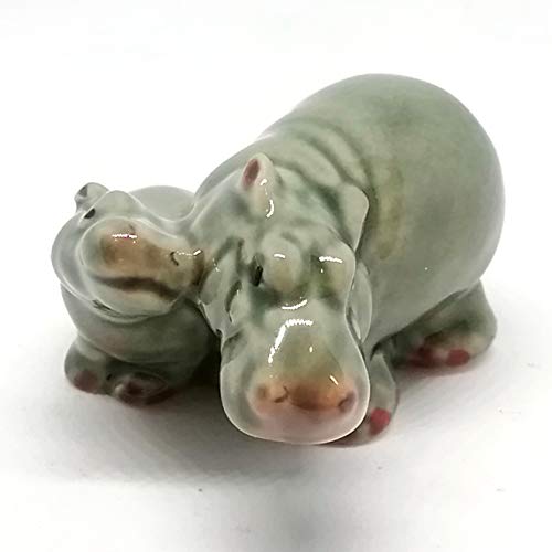 Ceramic Hippo Figurine Mom and Baby Hand Painted Porcelain Terrarium Garden Decor Collectibles