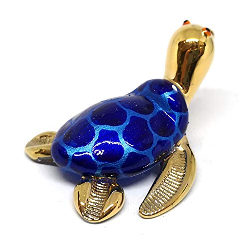 ZOOCRAFT Collectible Hand Blown Glass Figurine Turtle Coastal Beach Home Decor Marine Life Blue and Gold Trim Set of 2