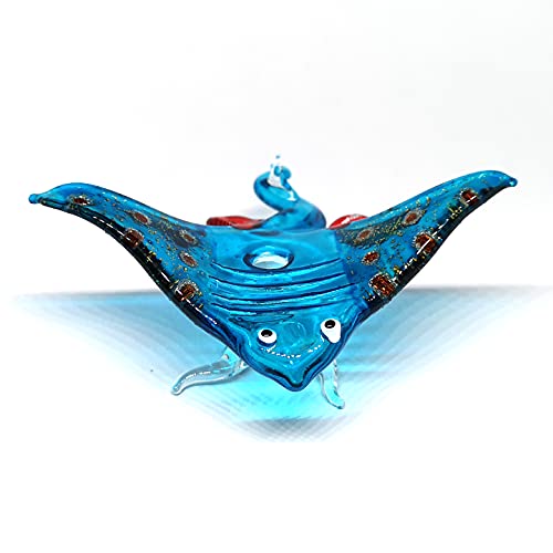 ZOOCRAFT Glass Stingray Figurine Blue Hand Blown Art Sealife Ornament Collectible Miniature Aquarium Coastal Decor, 3.0 x 3.1 x 1.3 inches