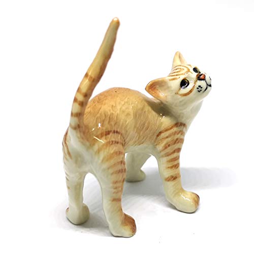 Ceramic Cat Figurine Collectible Stretching Brown Kitty Hand Painted Animal Miniature Home Decor