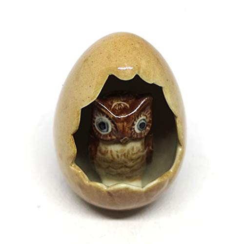 Ceramic Owl in Egg Figurine Brown Hand Painted Collectible Garden Decor Statue