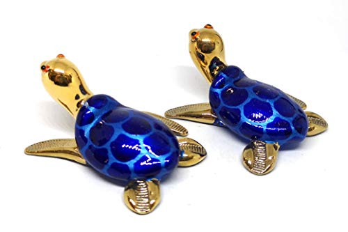 ZOOCRAFT Collectible Hand Blown Glass Figurine Turtle Coastal Beach Home Decor Marine Life Blue and Gold Trim Set of 2