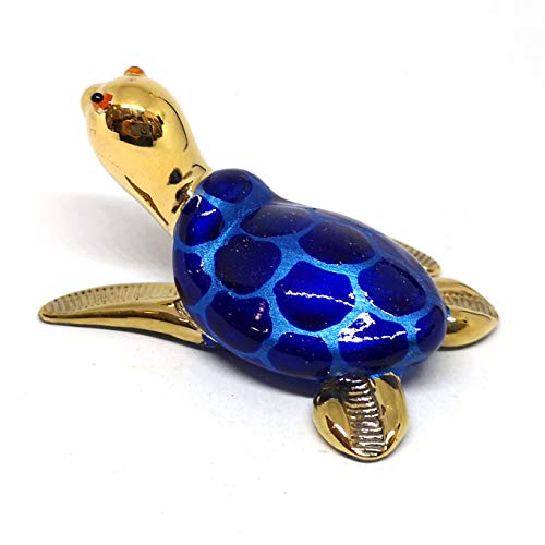 ZOOCRAFT Collectible Hand Blown Glass Figurine Turtle Coastal Beach Home Decor Marine Life Blue and Gold Trim Set of 2