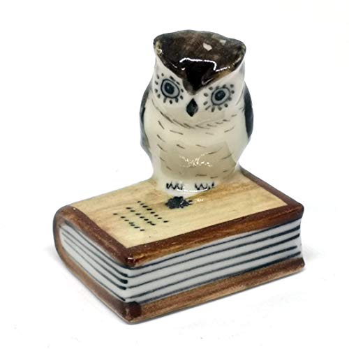 Owl Figurine Ceramic Brown Bird on Book Tiny Handicraft Miniature Dollhouse