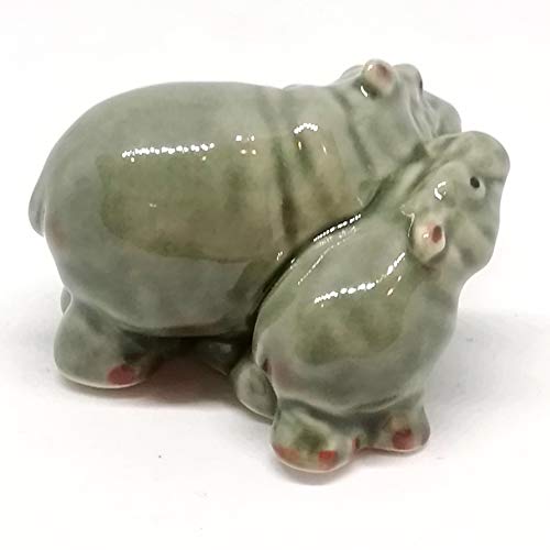 Ceramic Hippo Figurine Mom and Baby Hand Painted Porcelain Terrarium Garden Decor Collectibles