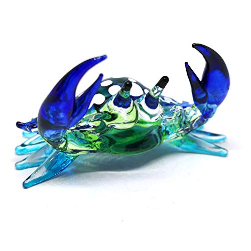 Glass Animals Crab Figurine Blue Hand Blown Painted Art Miniature Coastal Decor Style Spirit Animals