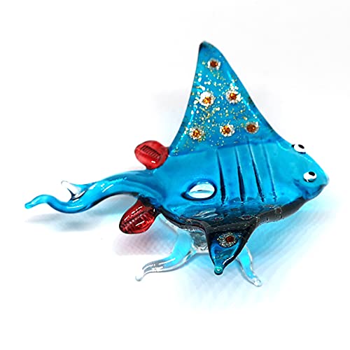 ZOOCRAFT Glass Stingray Figurine Blue Hand Blown Art Sealife Ornament Collectible Miniature Aquarium Coastal Decor, 3.0 x 3.1 x 1.3 inches