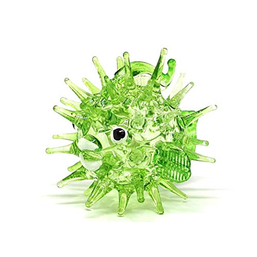 Blown Glass Figurines Green & Blue Puffer Fish Tiny Aquarium Miniature Handmade Decor