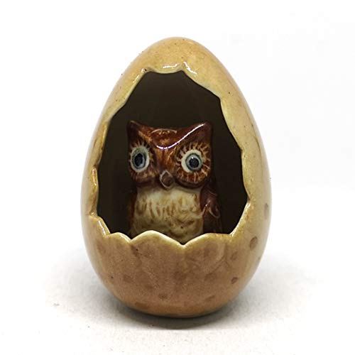 Ceramic Owl in Egg Figurine Brown Hand Painted Collectible Garden Decor Statue